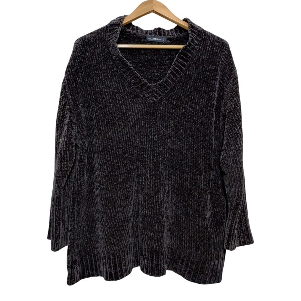 Zara Chenille Oversized V-Neck Sweater Womens M Charcoal Gray Grunge Preppy Soft